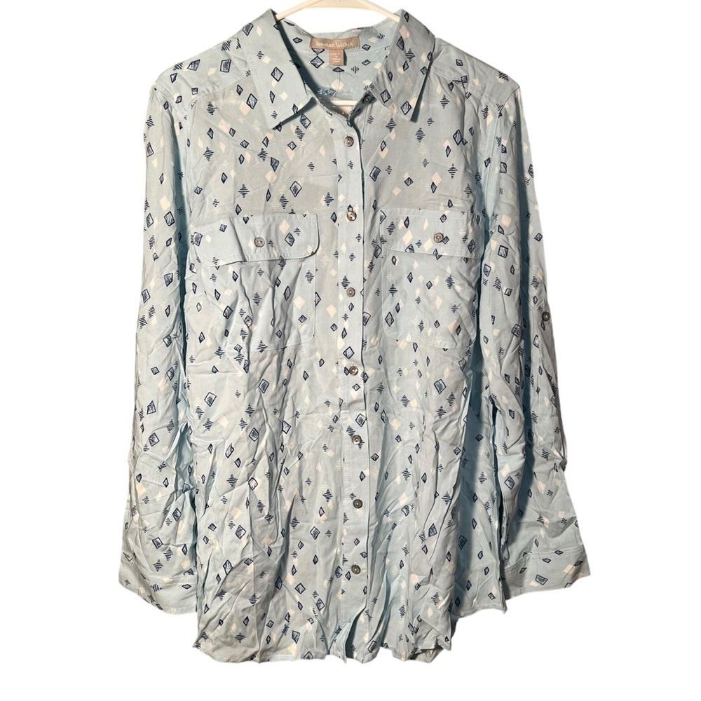 Woman Within Women's Size Medium 14/16 Button Down Blouse Blue Navy White Geo